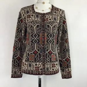 INTIWARA ALPACA WOMEN GREY CREAM COLORFUL DESIGN BUTTON UP WARM SWEATER SIZE S