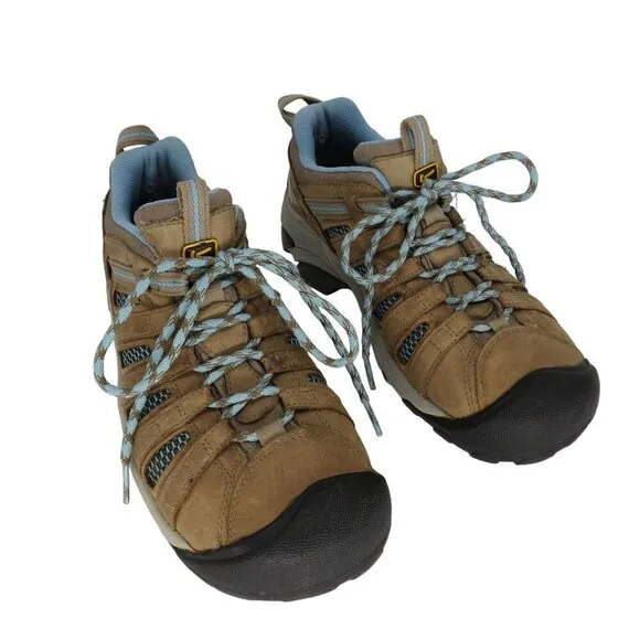 KEEN Women's Voyageur Hiking Shoes Brown Leather Blue Mesh Size 10