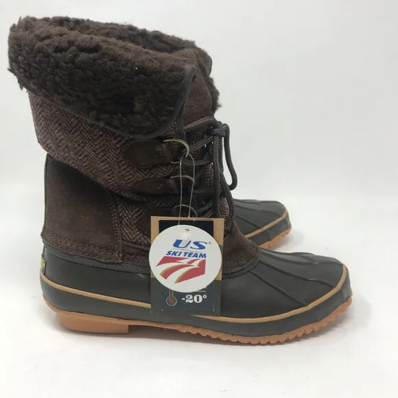 Khombu Corrine Brown Herringbone Wool Winter Lace Up Duck Snow Boots Size 7