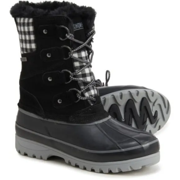 Khombu Nordic Duck Boots Suede Faux Fur Lace Up Booties Black Plaid Size 7 NEW