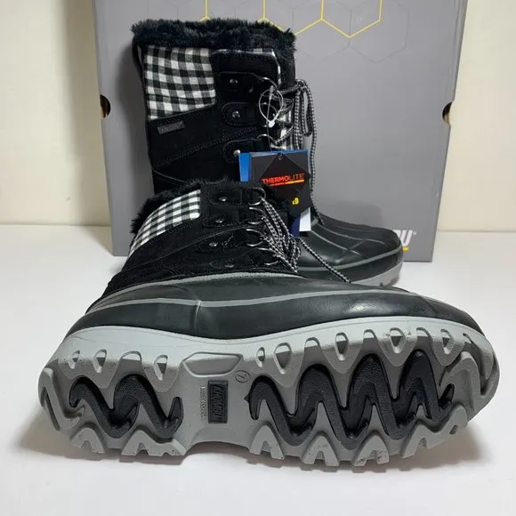 Khombu Nordic Duck Boots Suede Faux Fur Lace Up Booties Black Plaid Size 7 NEW