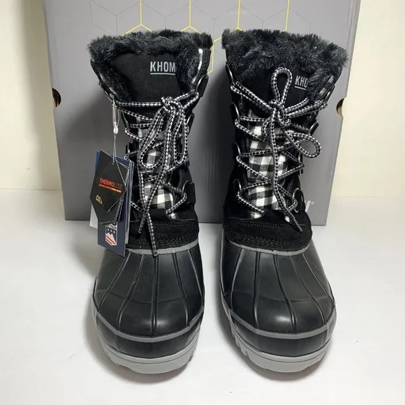 Khombu Nordic Duck Boots Suede Faux Fur Lace Up Booties Black Plaid Size 7 NEW