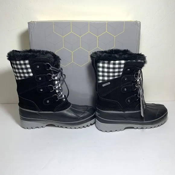 Khombu Nordic Duck Boots Suede Faux Fur Lace Up Booties Black Plaid Size 7 NEW
