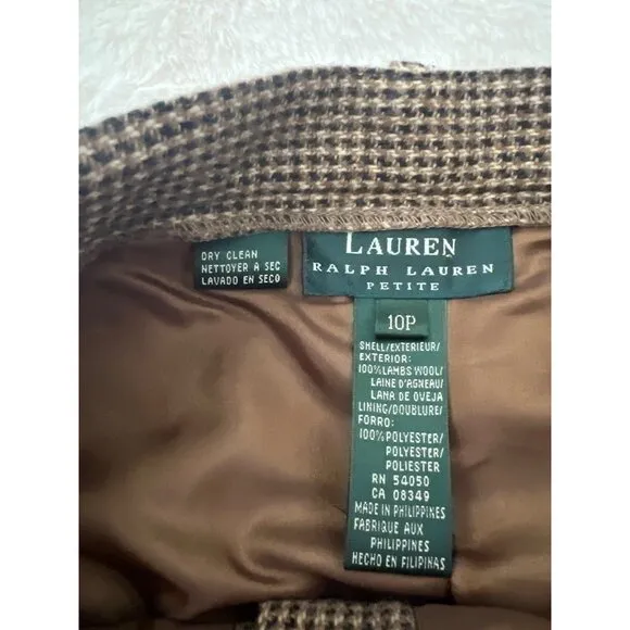 Lauren Ralph Lauren 100% Lambswool Houndstooth Midi Skirt 10P Brown, Academia