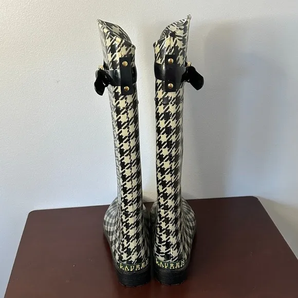 Lauren Ralph Lauren Rossalyn II Black White Houndstooth Rain Boots Women's Sz 6B