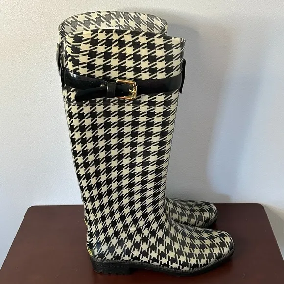 Lauren Ralph Lauren Rossalyn II Black White Houndstooth Rain Boots Women's Sz 6B