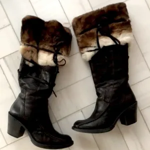 Lea Foscati Italian Brown Leather Rabbit Fur Trim Tall Boots size 7