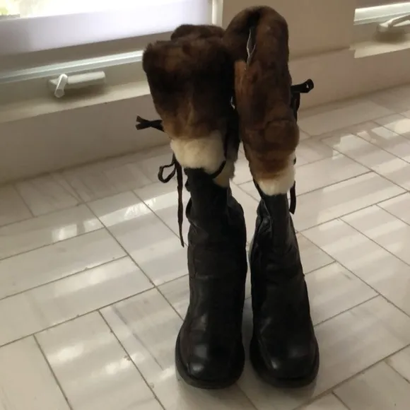 Lea Foscati Italian Brown Leather Rabbit Fur Trim Tall Boots size 7