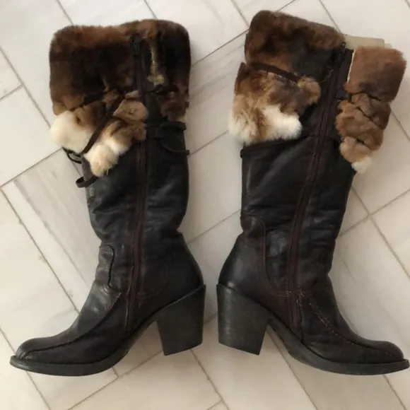Lea Foscati Italian Brown Leather Rabbit Fur Trim Tall Boots size 7