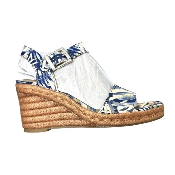 Lifestride Womens Blue Tan Floral Comfort Ankle Strap Wedge Sandals Sz 9 NIB