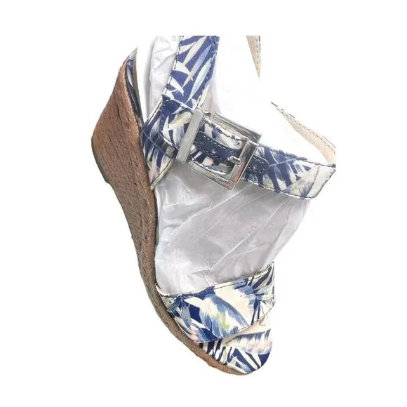 Lifestride Womens Blue Tan Floral Comfort Ankle Strap Wedge Sandals Sz 9 NIB