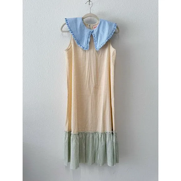 Lisa Says Gah Stevie Gingham Patchwork Midi Dress Blue Green Beige Size Small