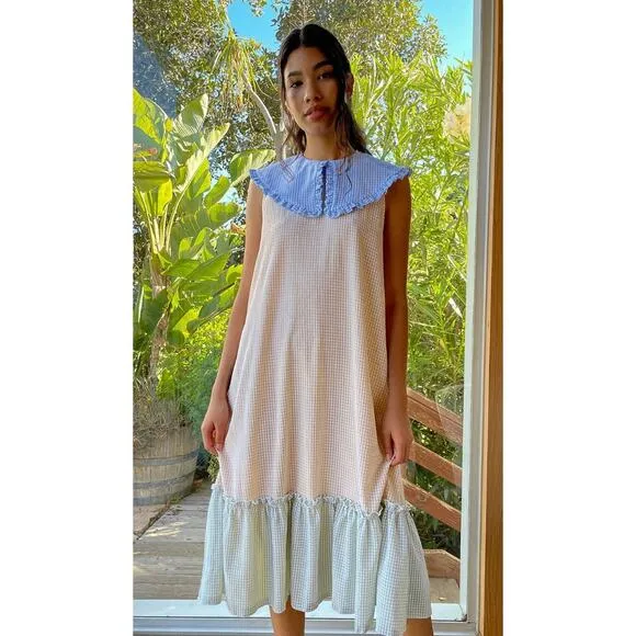 Lisa Says Gah Stevie Gingham Patchwork Midi Dress Blue Green Beige Size Small