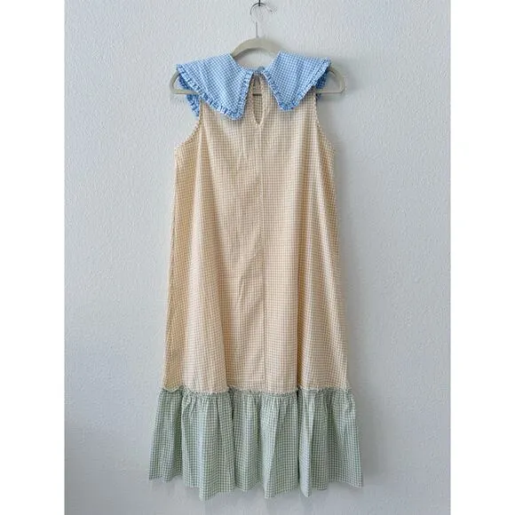 Lisa Says Gah Stevie Gingham Patchwork Midi Dress Blue Green Beige Size Small