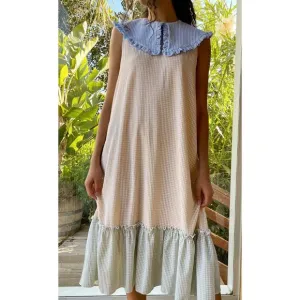 Lisa Says Gah Stevie Gingham Patchwork Midi Dress Blue Green Beige Size Small