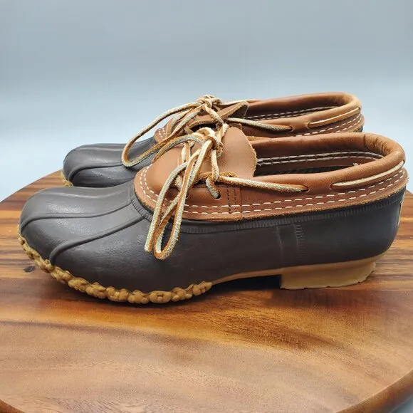 LL Bean Boots Women's 7 Brown Leather Rubber Waterproof Rain Low Duck Lace Up