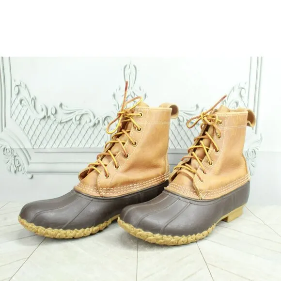 LL Bean Brown Leather Lace Up Round Toe Unlined Ankle Duck Boots Size 8 N
