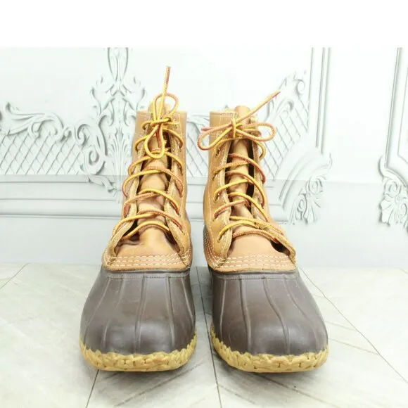 LL Bean Brown Leather Lace Up Round Toe Unlined Ankle Duck Boots Size 8 N
