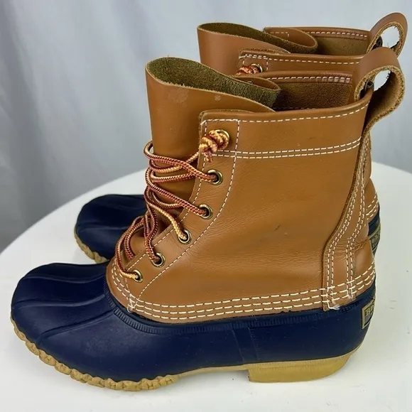 L.L. Bean Women’s Bean Boots 8” Made in Maine Tan Blue Waterproof Duck B…