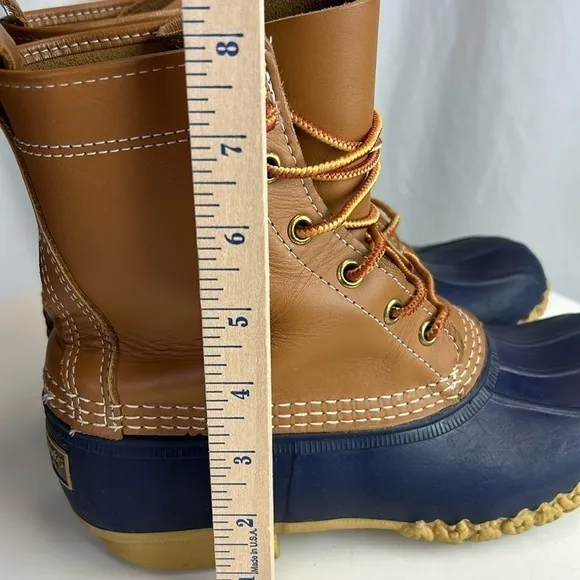 L.L. Bean Women’s Bean Boots 8” Made in Maine Tan Blue Waterproof Duck B…