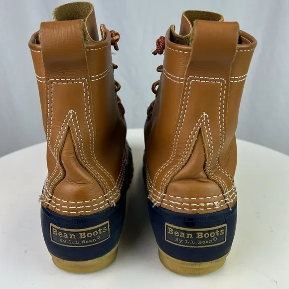 L.L. Bean Women’s Bean Boots 8” Made in Maine Tan Blue Waterproof Duck B…