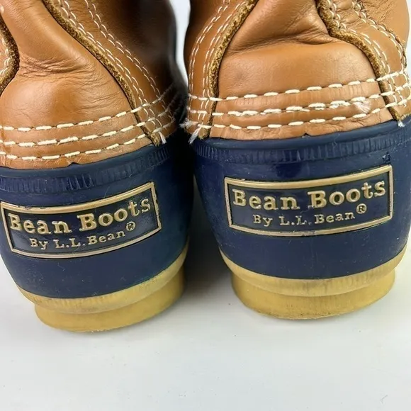 L.L. Bean Women’s Bean Boots 8” Made in Maine Tan Blue Waterproof Duck B…