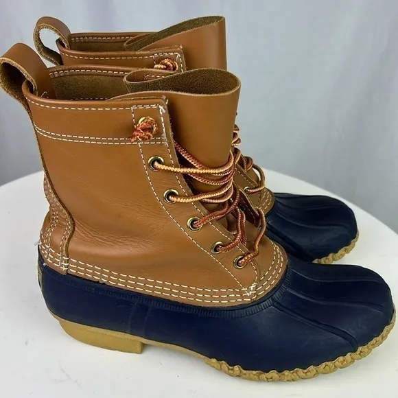 L.L. Bean Women’s Bean Boots 8” Made in Maine Tan Blue Waterproof Duck B…