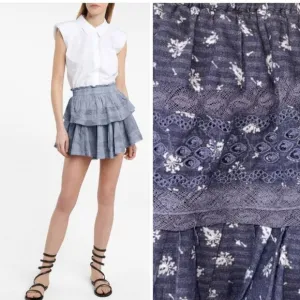 LoveShackFancy Double Ruffle Cotton Mini Skirt Denim Eyelet Large