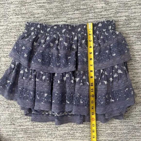 LoveShackFancy Double Ruffle Cotton Mini Skirt Denim Eyelet Large