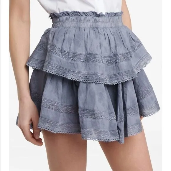 LoveShackFancy Double Ruffle Cotton Mini Skirt Denim Eyelet Large