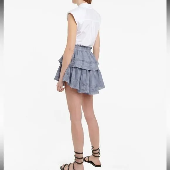 LoveShackFancy Double Ruffle Cotton Mini Skirt Denim Eyelet Large