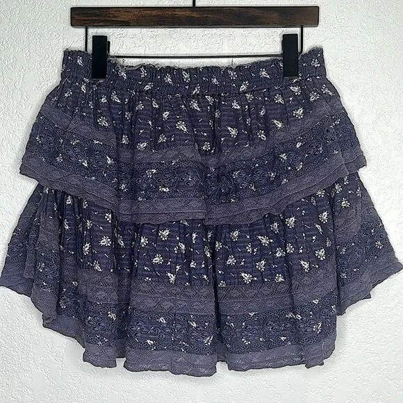 LoveShackFancy Double Ruffle Cotton Mini Skirt Denim Eyelet Large