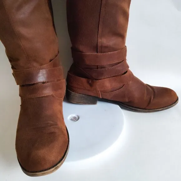 Madden Girl Campus Tan Faux Leather Back Zip Knee High Riding Boots Wide Calf 10