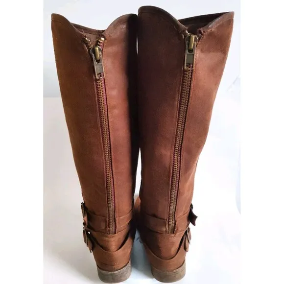 Madden Girl Campus Tan Faux Leather Back Zip Knee High Riding Boots Wide Calf 10