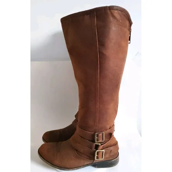 Madden Girl Campus Tan Faux Leather Back Zip Knee High Riding Boots Wide Calf 10
