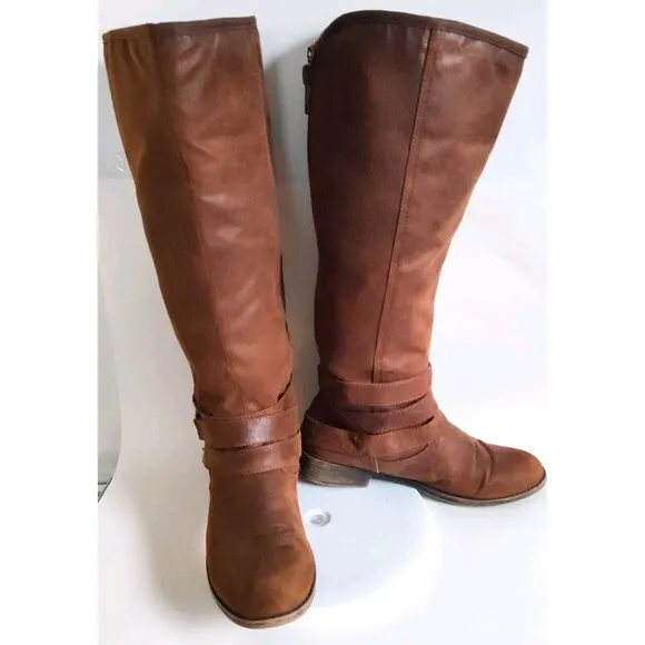 Madden Girl Campus Tan Faux Leather Back Zip Knee High Riding Boots Wide Calf 10