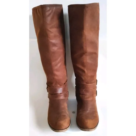Madden Girl Campus Tan Faux Leather Back Zip Knee High Riding Boots Wide Calf 10