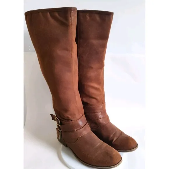 Madden Girl Campus Tan Faux Leather Back Zip Knee High Riding Boots Wide Calf 10