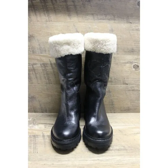 Mark Fisher women's sheepskin trim leather fold over top chunky lug sole boots