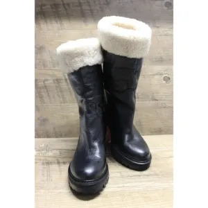 Mark Fisher women's sheepskin trim leather fold over top chunky lug sole boots