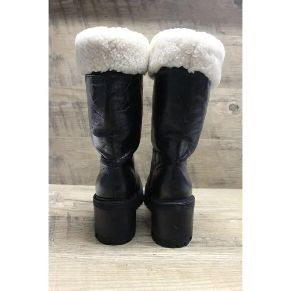 Mark Fisher women's sheepskin trim leather fold over top chunky lug sole boots