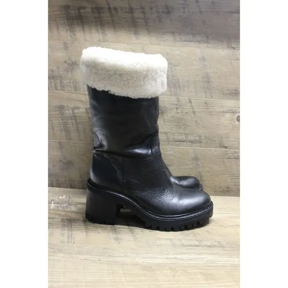 Mark Fisher women's sheepskin trim leather fold over top chunky lug sole boots