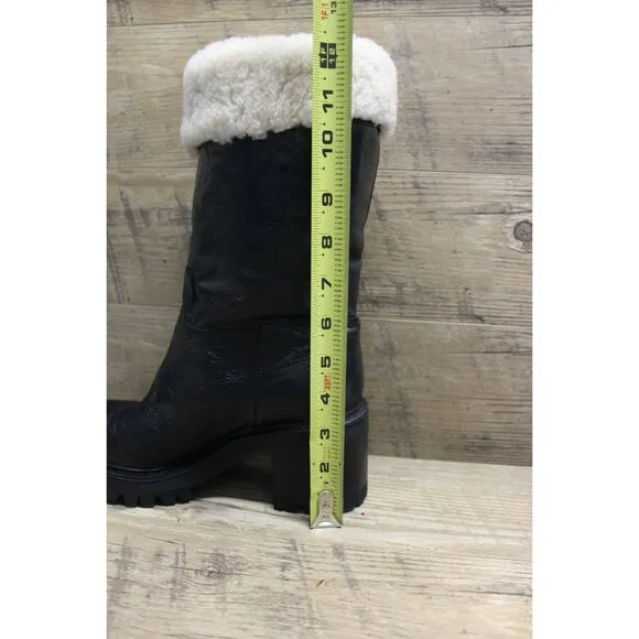 Mark Fisher women's sheepskin trim leather fold over top chunky lug sole boots