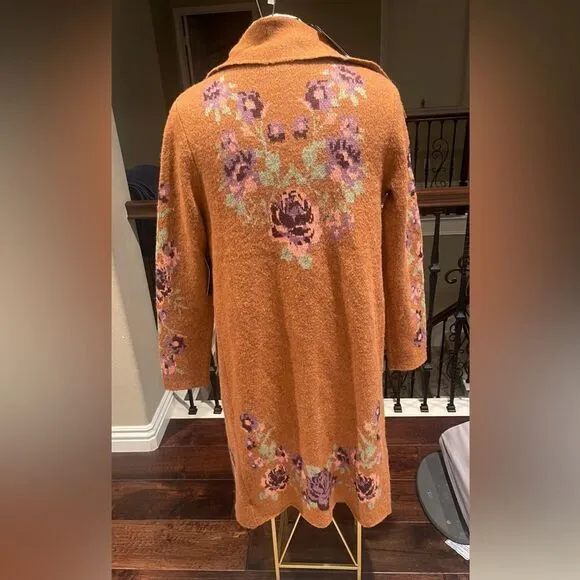 Max Sport | Carmel Brown Drape-Collar Floral Open Cardigan Duster Sweater Sz S