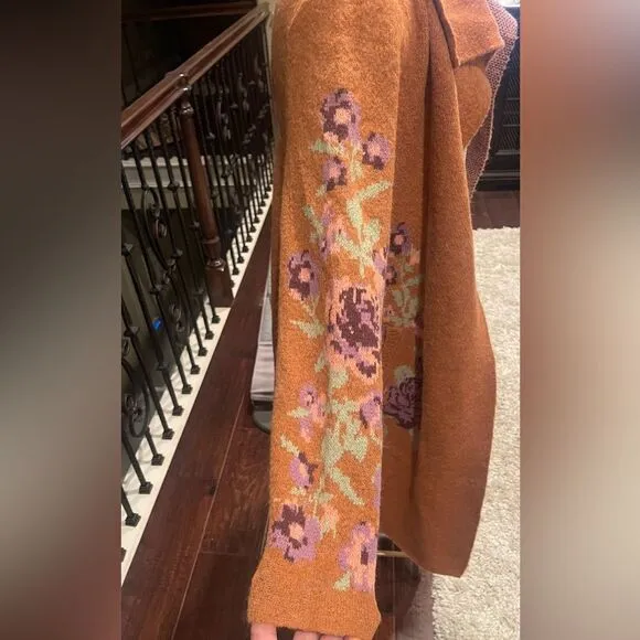 Max Sport | Carmel Brown Drape-Collar Floral Open Cardigan Duster Sweater Sz S