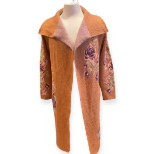Max Sport | Carmel Brown Drape-Collar Floral Open Cardigan Duster Sweater Sz S