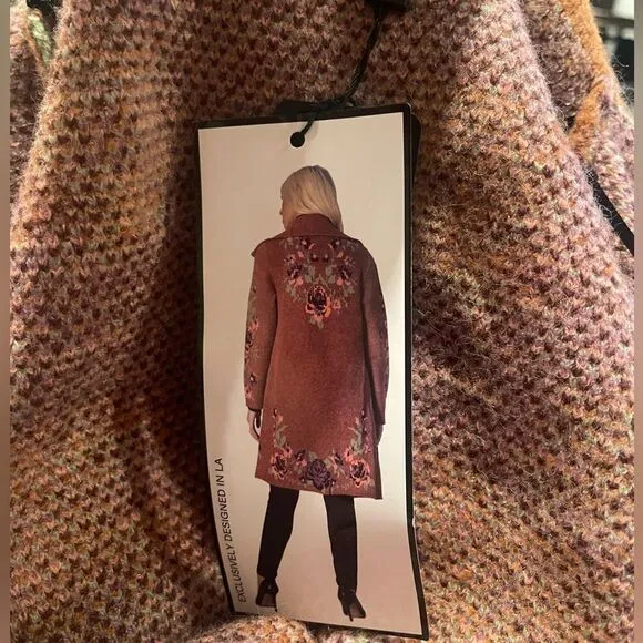 Max Sport | Carmel Brown Drape-Collar Floral Open Cardigan Duster Sweater Sz S