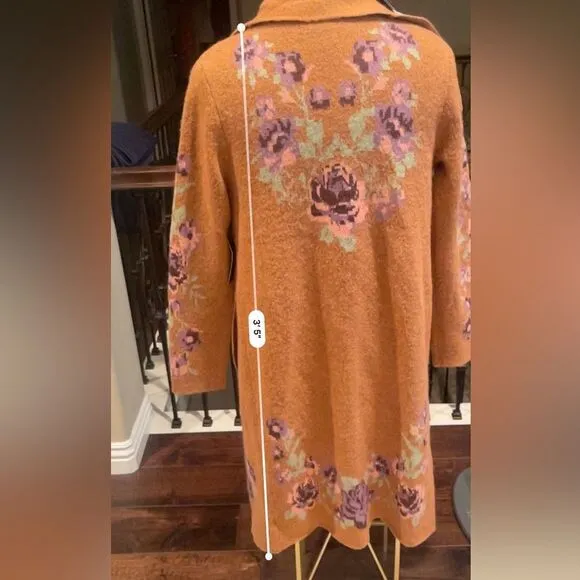 Max Sport | Carmel Brown Drape-Collar Floral Open Cardigan Duster Sweater Sz S