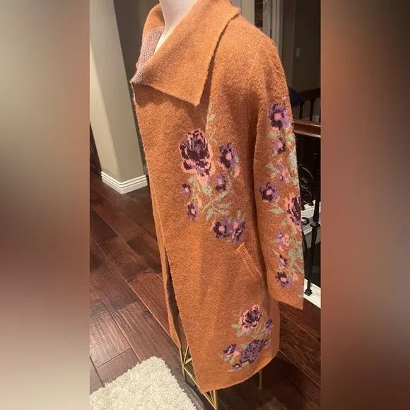 Max Sport | Carmel Brown Drape-Collar Floral Open Cardigan Duster Sweater Sz S
