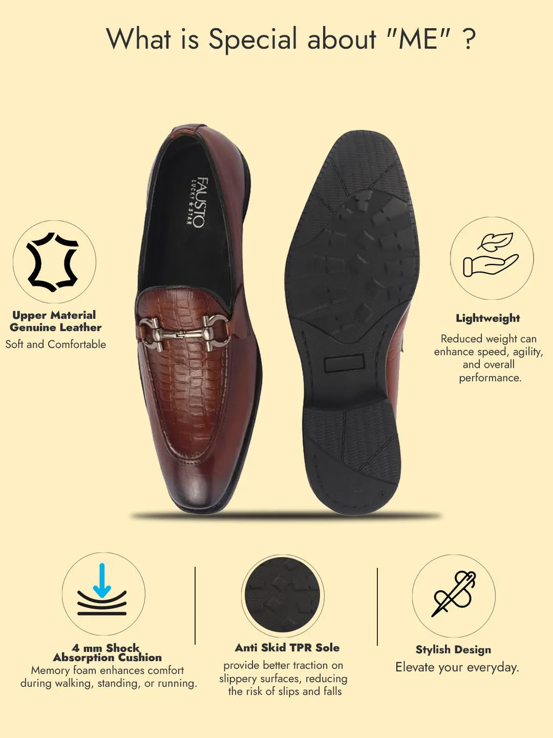 Men Tan Genuine Leather Horsebit Buckle Textured Office Formal Slip On Shoes|Slip Resistant Sole with Memory Cushioned